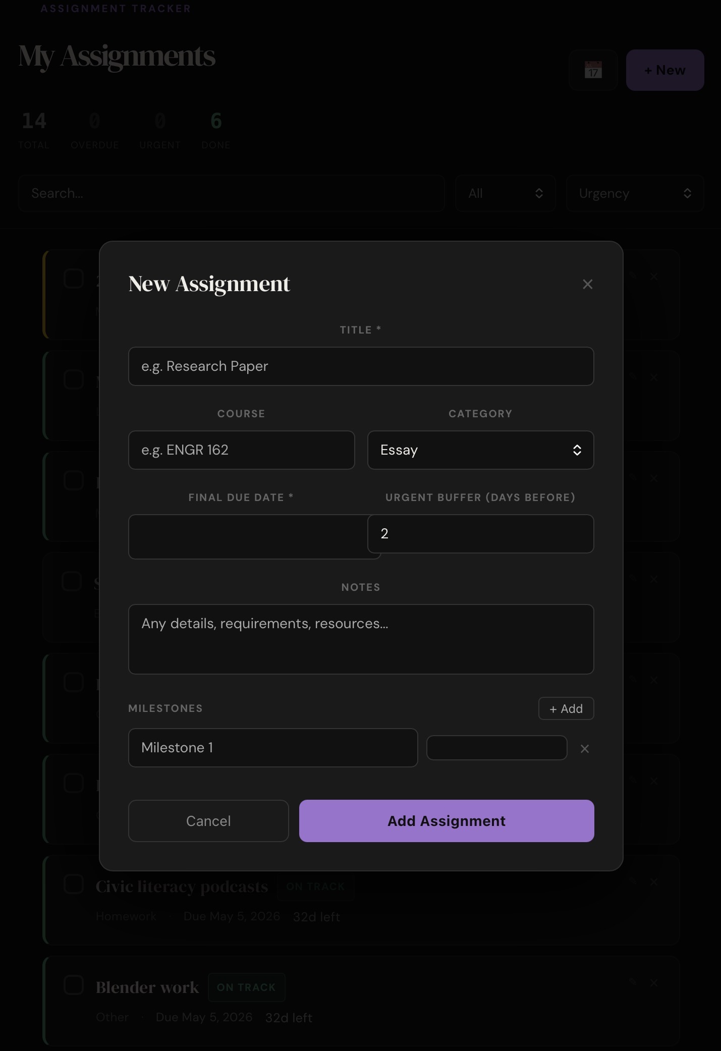 Add assignment form